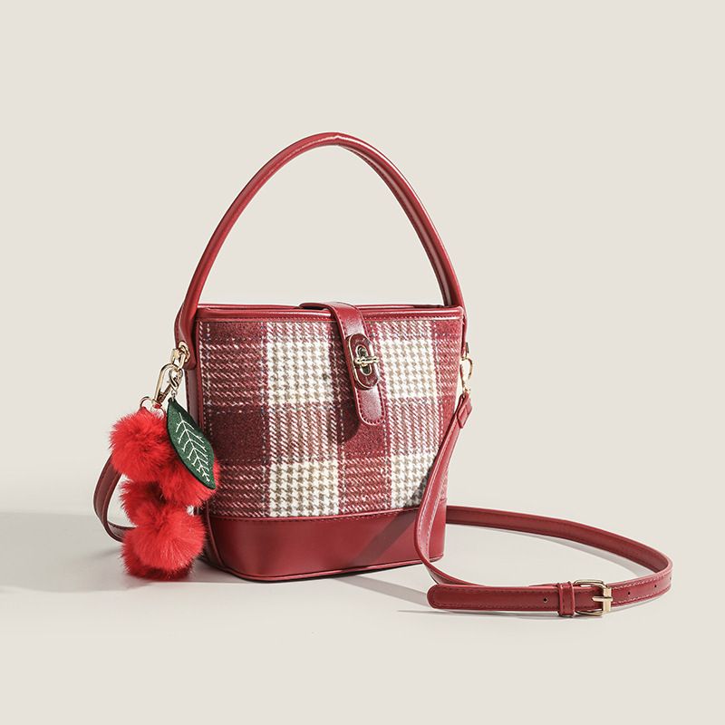 Piccola e pregiata borsa a secchiello in lana Thousand Bird a quadri, borsa da sposa rossa, regalo per l'uso quotidiano_voghion.com