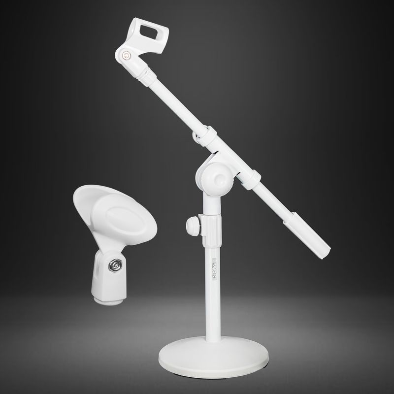 5 Core Desk Microphone Stand White • Adjustable Height Extendable Boom Arm • Table Mic Holder w Round Base Anti Slip Pad • Universal Mic Clip and 3/8'_voghion.com