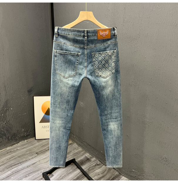 High end printed jeans in spring and autumn, trendy slim fit, versatile long with small feet, men's cropped pants_voghion.com
