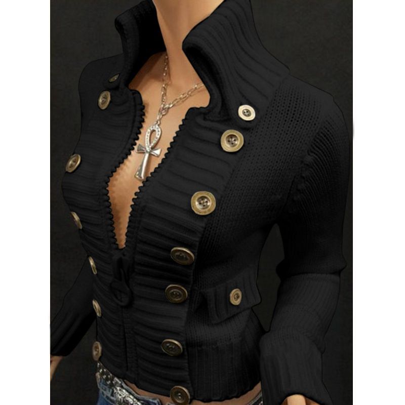 Damenmode Stehkragen Reißverschluss Schlank Pullover Damen Einfarbig Button Up Top_voghion.com