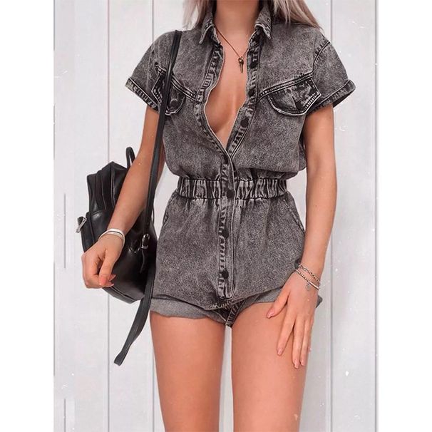 Γυναικεία ρούχα καυτές εκπτώσεις Γυναικεία μονόχρωμα κοντομάνικα slim rompers τζιν_voghion.com