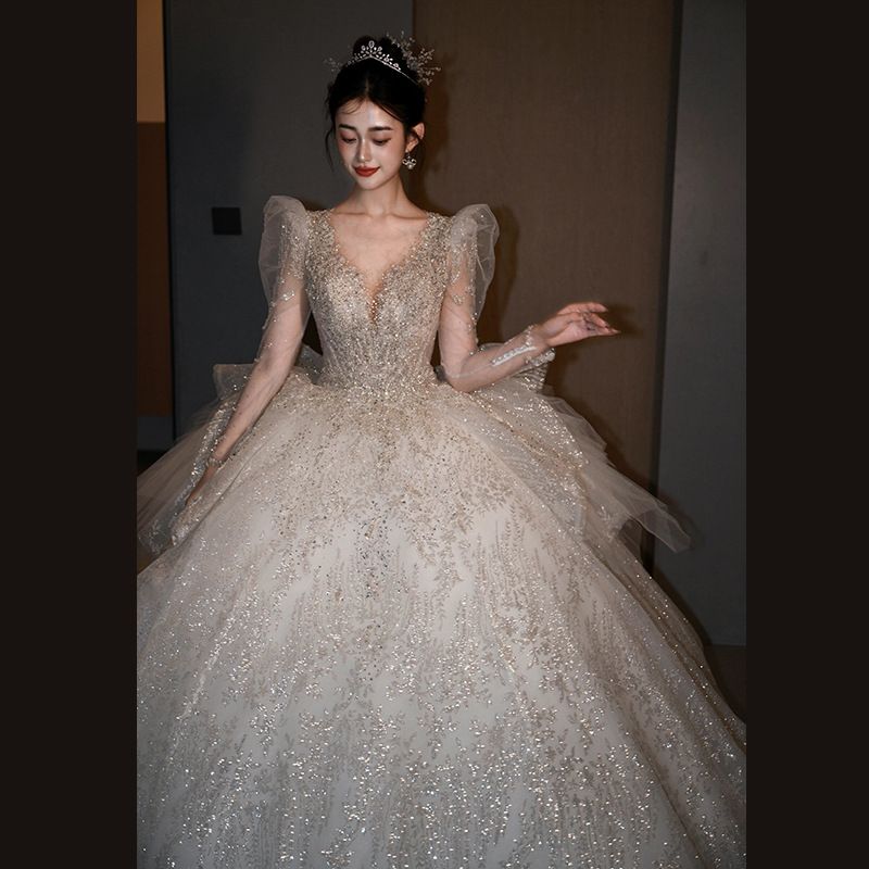 Women's Clothing Long Sleeved Wedding Dress Bride High Quality Texture Heavy Luxury Long Tail Small High End Dress_voghion.com