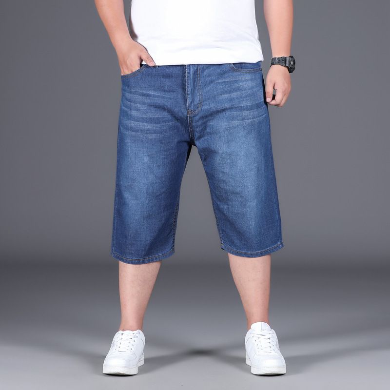 Abbigliamento da uomo taglie forti, estivo, sottile, grasso, extra large, pantaloncini in denim da uomo taglie forti, elastici, larghi, 5 punti, pantaloni per ragazzi grassi_voghion.com