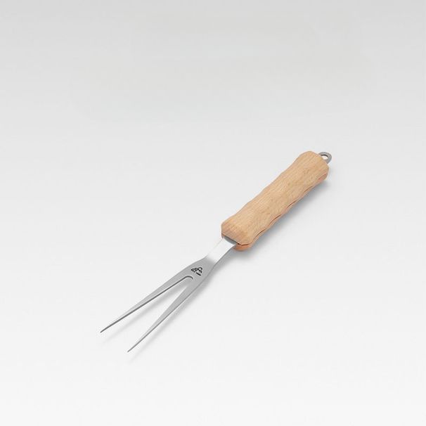 Forchetta da campeggio a forma di U in acciaio inossidabile per barbecue, picnic, con manico in legno di faggio per esterni_voghion.com