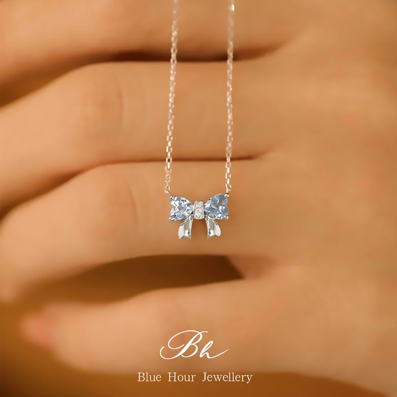 Natural Aquamarine Pendant Bowknot Necklace S Sterling Silver Topaz Clavicle Chain High-end Luxury Jewelry_voghion.com