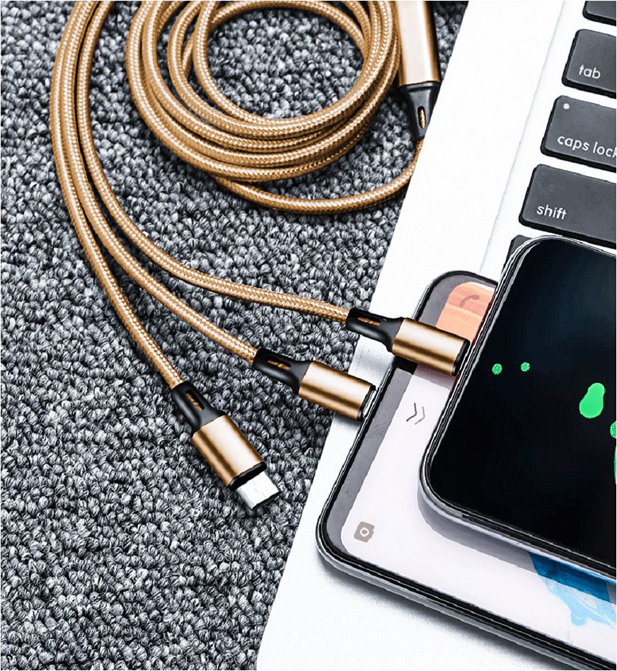 Ületamatult kvaliteetne nailonist punutud andmesidekaabel mitme otsaga 2A kiire kolm-ühes mobiiltelefonikaabel neutraalseks laadimiseks kolme otsaga_voghion.com