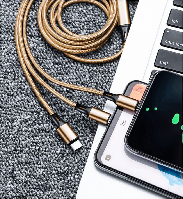 Ületamatult kvaliteetne nailonist punutud andmesidekaabel mitme otsaga 2A kiire kolm-ühes mobiiltelefonikaabel neutraalseks laadimiseks kolme otsaga_voghion.com