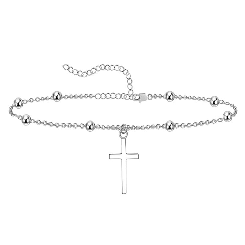 Fashion Stainless Steel Anklet New Layered Cross Heart Rice Bead Chain Double Layer Foot Jewelry_voghion.com