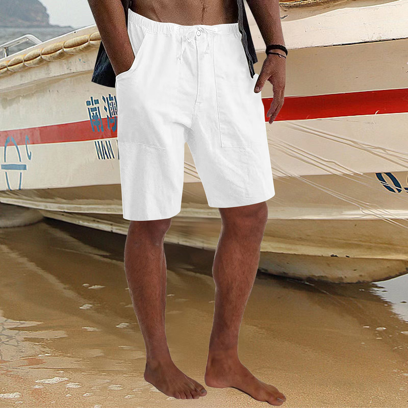 Short en Lin pour Hommes Yoga Plage Ample décontracté Taille élastique Cordon de Serrage Pantalon Ample avec Poches_voghion.com