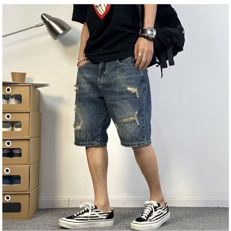 Vêtements pour hommes, short en jean déchiré à jambe droite, ample, marque de mode, grande taille, pantalon cinq quarts, pantalon d'été fin à rayures_voghion.com