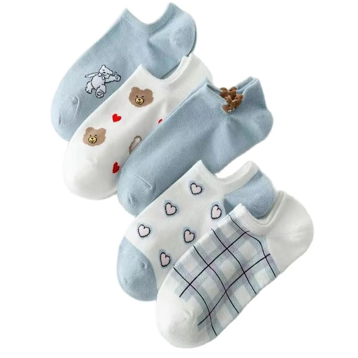 5 Pairs Low Tube Casual With Cute Bear And Heart Pattern Standard Women Breathable Fashion Socks_voghion.com