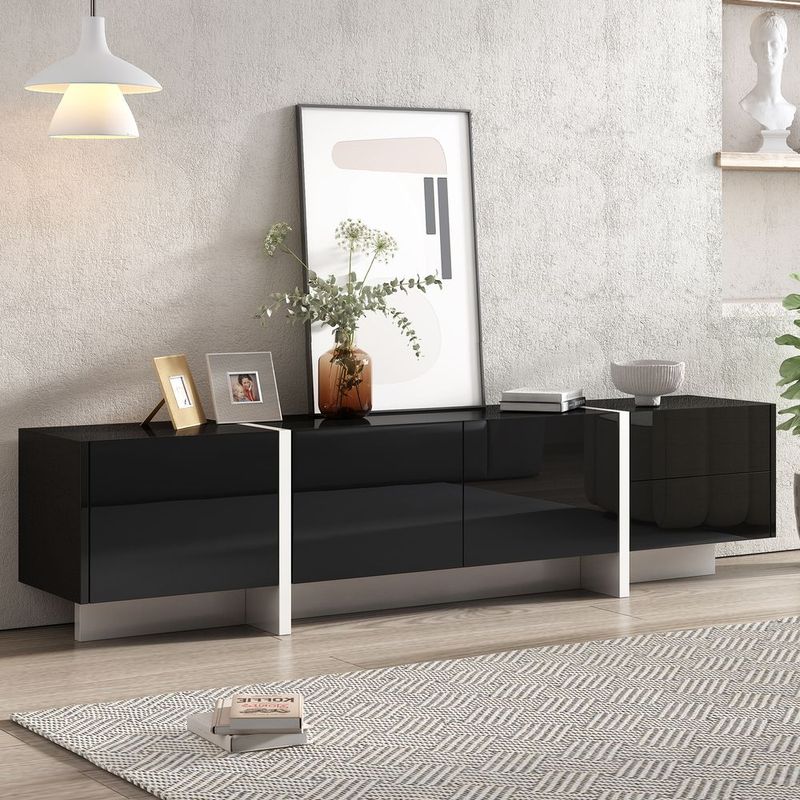 ON-TREND White &amp; Black Contemporary Rectangle Design TV Stand, Unique Style TV Console Table For TVs Up To 80'', Modern TV Cabinet With High Glo_voghion.com