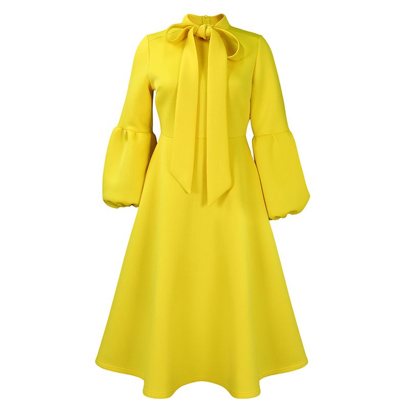 Unabhängige Station Außenhandel Damen Frühjahr neue Stil Puffärmel Fliege großen Rock hohe Taille Kleid europäischen und amerikanischen Kleid_voghion.com