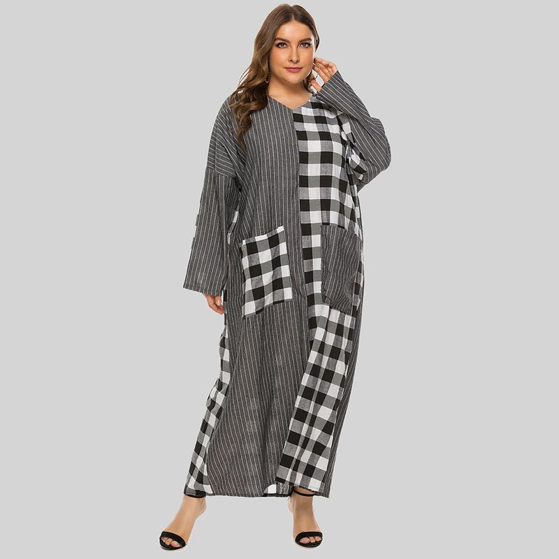 2023 frühling und Herbst Muslimischen V-ausschnitt karierten patchwork lange doppel tasche beiläufige lose ärmeln kleid JR332_voghion.com