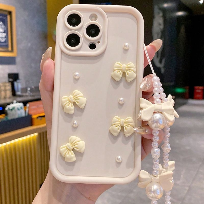New 3D Pearl Pink Bow Phone Case On For Iphone 16 16E 15 14 13 12 11 Pro MAX XS Max XR 7 8 Plus With Bracelet Wrist_voghion.com
