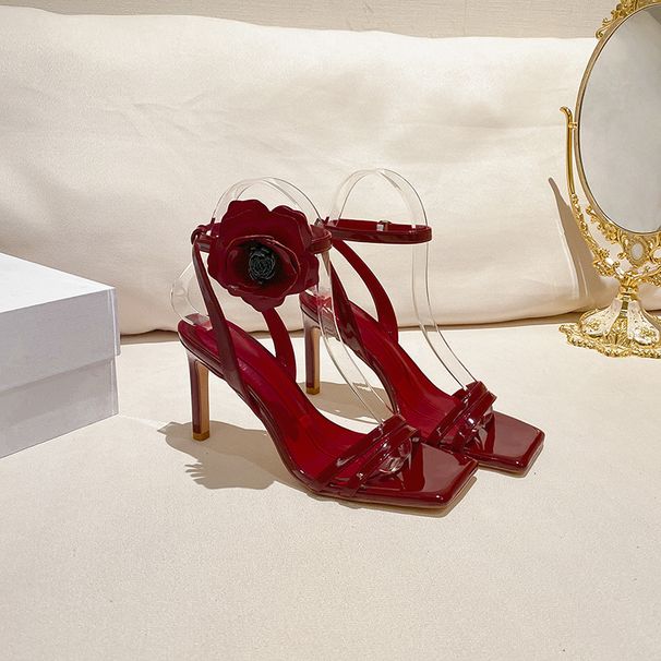Women's fashion square head patent leather flower open-toed high heels with every summer French sandals_voghion.com