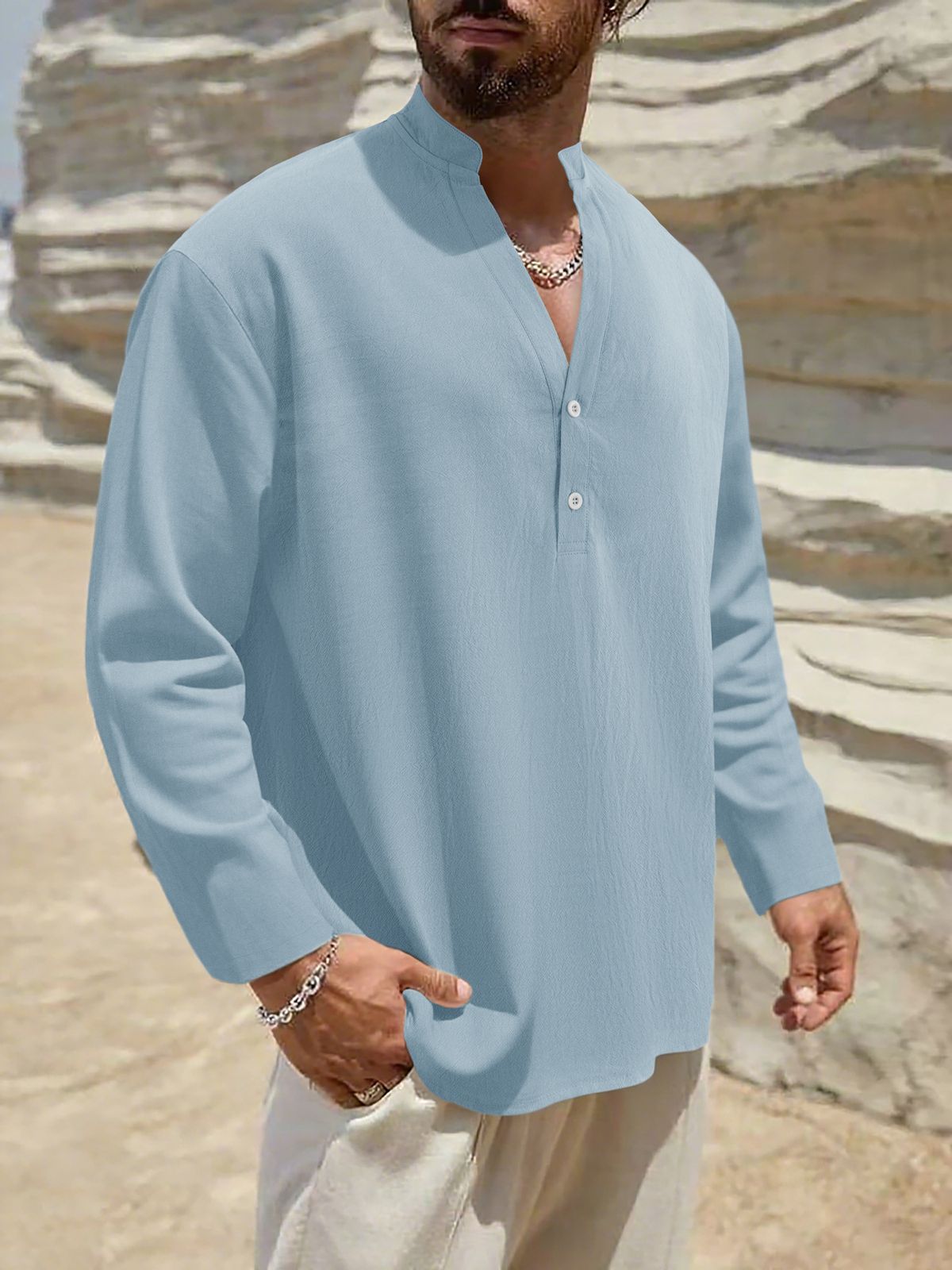 Camicia casual da uomo in lino con bottoni - Top traspirante a maniche lunghe per primavera e autunno | Vestibilità comoda, leggera e ad asciugatura rapida_voghion.com