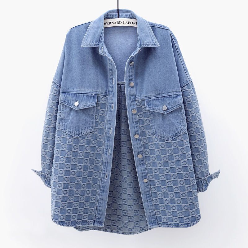 Dametøj Denimjakke til kvinder, trendy mellemlang skjorte til kvinder, broderet jacquard patchwork løs skjorte_voghion.com