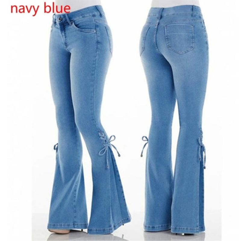 pantaloni jeans elasticizzati pantaloni svasati decorativi con lacci a vita alta in tinta unita nuovo stile_voghion.com
