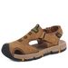 Sandalen Herren Neu Sommer Leder Weich Mit Einer Zehenkappe Und Dicker Sohle Für Anti-Rutsch Trend. Klettverschluss Outdoor Dad Strandschuhe_voghion.com