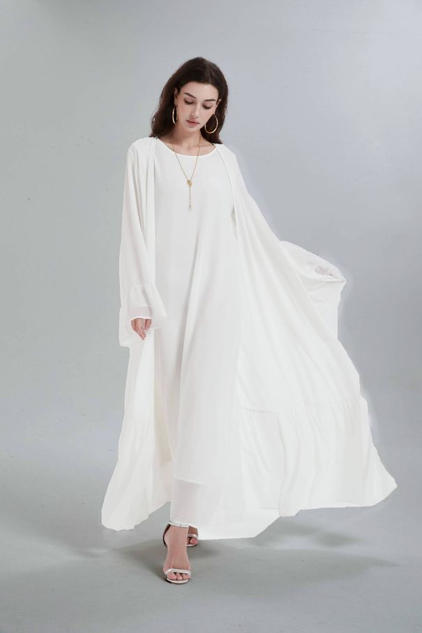 Verve Muslim Women's Chiffon Flared Sleeve Set Abaya (Cardigan Inner Wear + Belt) MSL0666_voghion.com