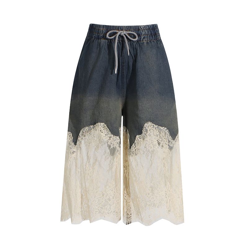 Damenbekleidung Mode sexy Hot Girl Style Sommer neue Spitze Spleißen Hosenträger Top + Kordelzug Denim Mode Shorts_voghion.com