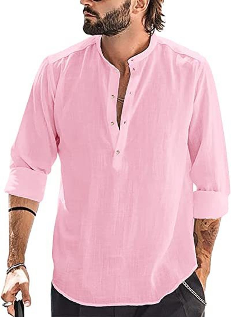 Blusa de algodão e linho com botões, blusa de verão e primavera, manga comprida, cor sólida, blusa solta masculina, camisas para negócios_voghion.com