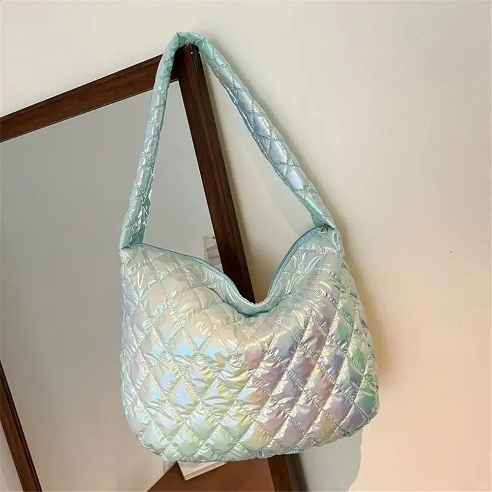 Fashion Laser Multi-color Diamond Pattern Shoulder Cotton Pad Handbag Messenger Bag 240827_voghion.com