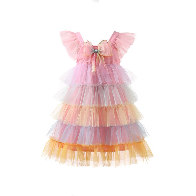 Roupas infantis 2024 novo vestido de meninas verão vestido de princesa estilingue menina vestido arco-íris vestido sem mangas vestido de verão infantil_voghion.com