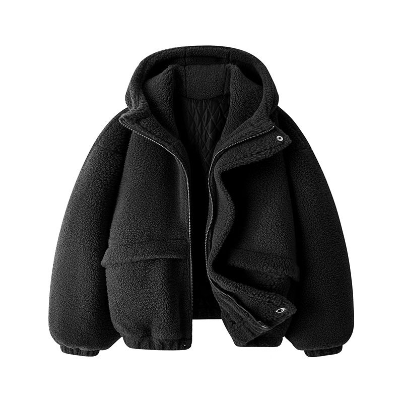 Retro Sherpa-Lined Couple’s Jacket – Unisex Oversized Fleece Coat With Zip Hood (90% Polyester, Beige/Black/Burgundy, M-3XL)_voghion.com