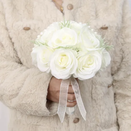 Party Wedding Bridal Bouquets White Roses High End Bouquets Photography Props_voghion.com
