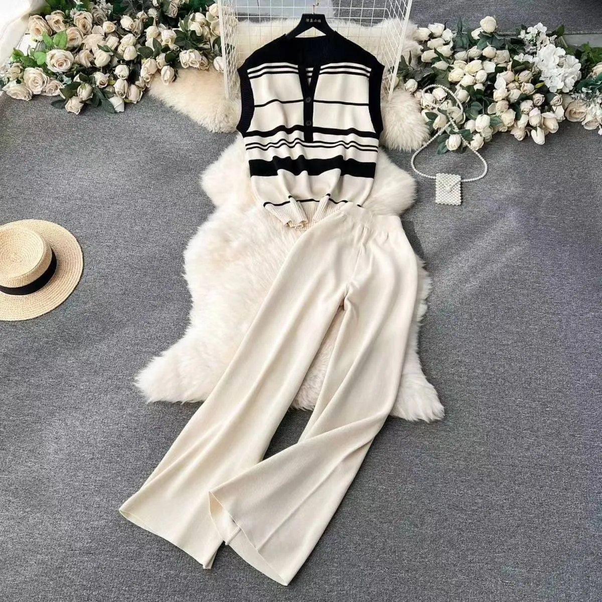 Débardeur à couleurs assorties pour femmes, haut polyvalent, taille haute, pantalon à jambes larges, costume deux pièces tendance_voghion.com