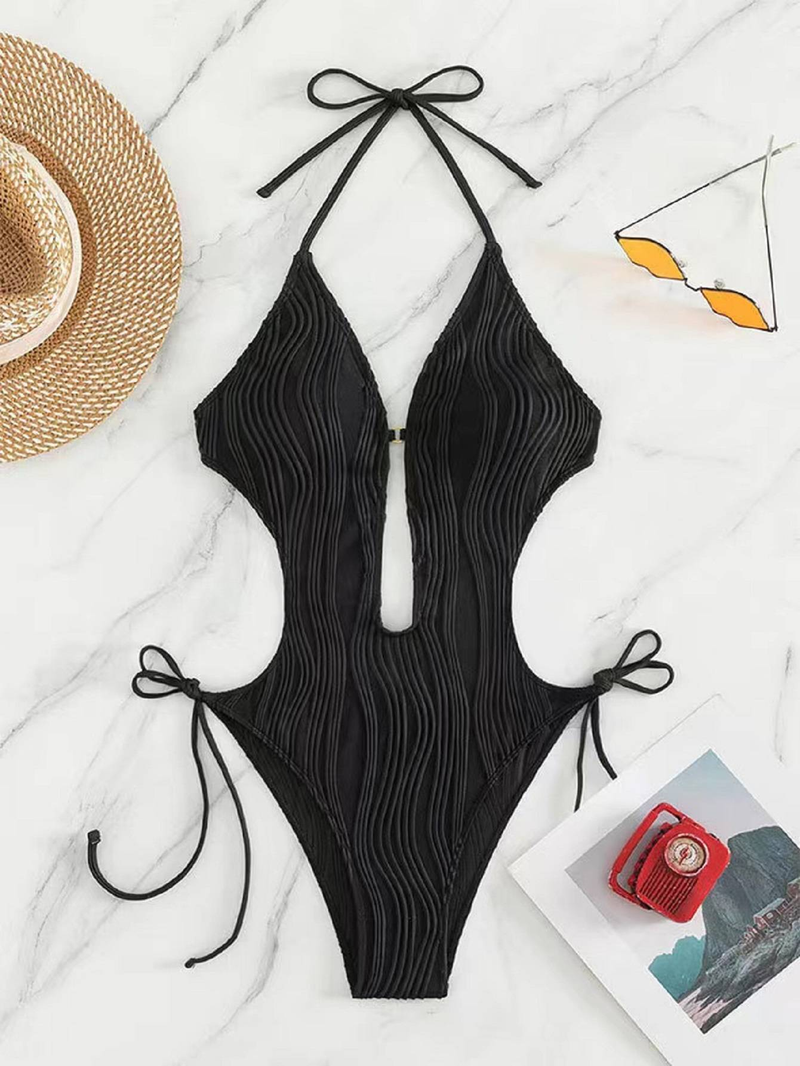 Women's fashionable bikini solid color drawstring adjustable pit stripe fabric one piece swimsuit_voghion.com