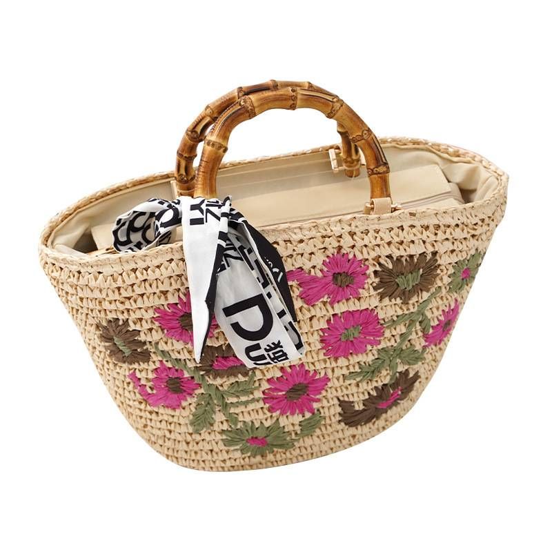 Borsa a mano piccola con fiori colorati, borsa di paglia, borsa di rattan, borsa pastorale singola, borsa da donna, borsa da spiaggia alla moda_voghion.com