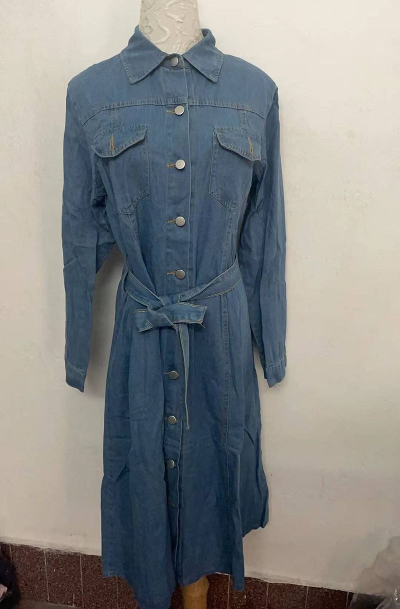 Women's Denim Casual High Waist Pocket Lapel Dress_voghion.com