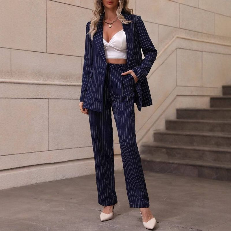 ​​Women's Elegant Striped Blazer & High-Waist Trousers Set - V-Neck Long Sleeve Office Wear, Slim Fit Formal Suit For Spring & Summer​_voghion.com