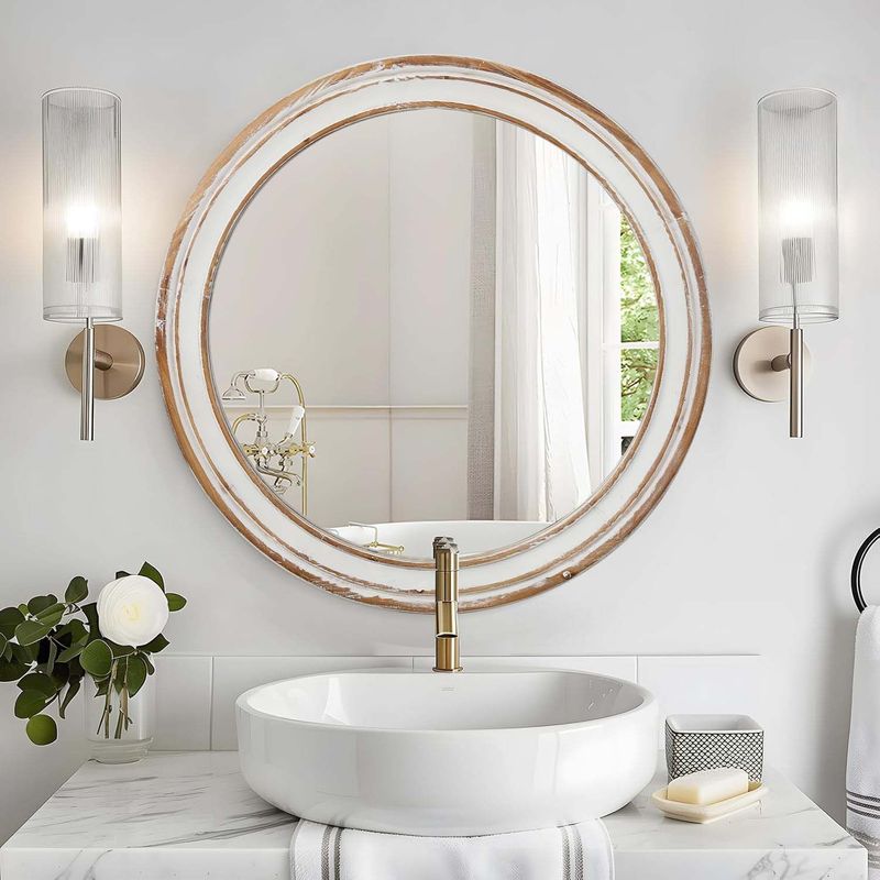 23.62 Inches Round Wall Mirror For Bathroom Vanity, Wooden Farmhouse Circle Mirrors For Bedroom, Entryway, Living Room, Kitchen, Whitewash Edge Decorative Mirror For Home, Office_voghion.com