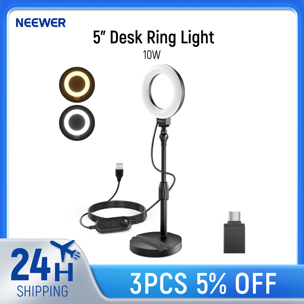 Newer Basics Supporto ad anello da scrivania da 5", base porta telefono, luce LED per selfie da 10 W compatibile con iPhone per la registrazione video_voghion.com