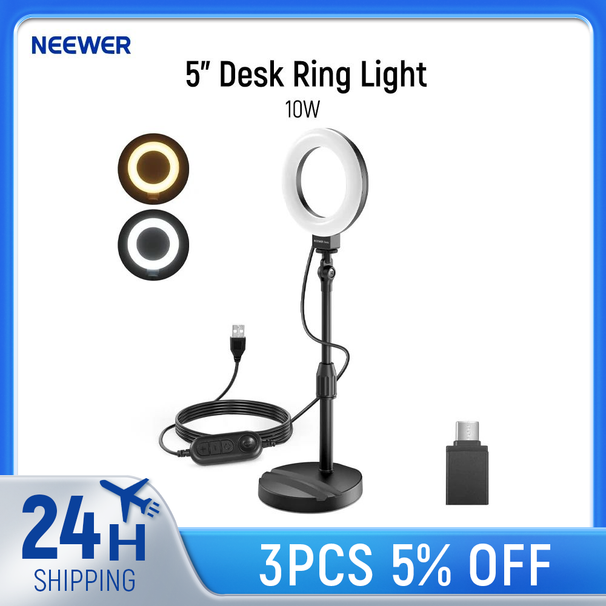 Newer Basics Supporto ad anello da scrivania da 5", base porta telefono, luce LED per selfie da 10 W compatibile con iPhone per la registrazione video_voghion.com