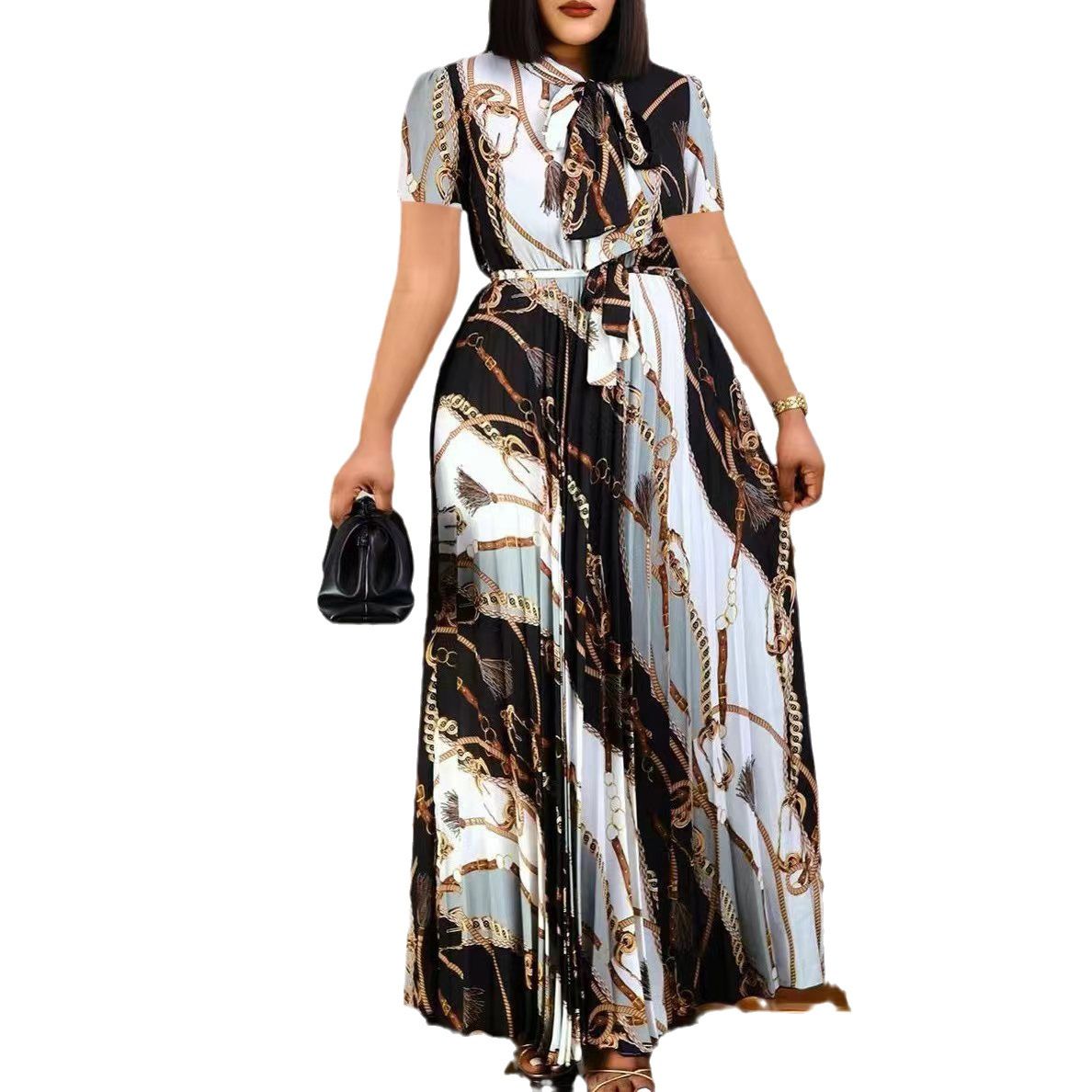 Women's Short-sleeved Printed Pleated Straps Long Skirt Plus Size_voghion.com