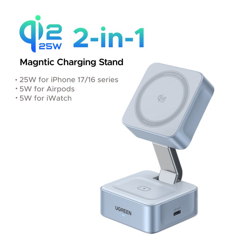 UGREEN Supporto di ricarica wireless veloce magnetico 2 in 1 Qi2 25W aggiornato per iPhone 16 e 17_voghion.com
