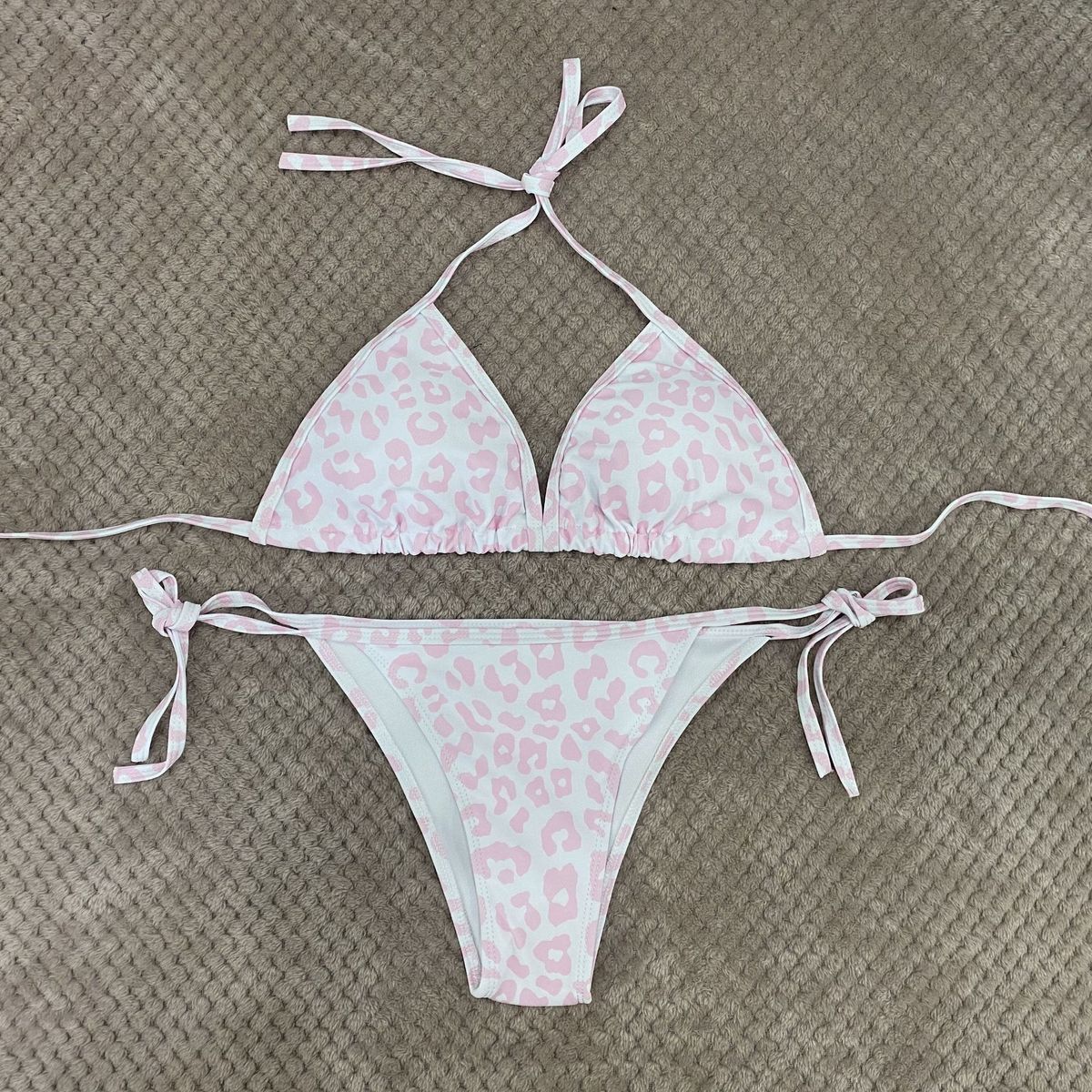 Swimsuit print leopard print pink small breast swimsuit triangle bikini_voghion.com