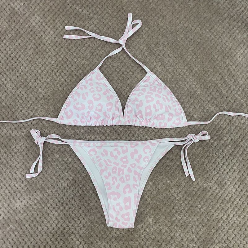 Maillot de bain femme imprimé léopard rose à lacets petite poitrine maillot de bain triangle bikini_voghion.com