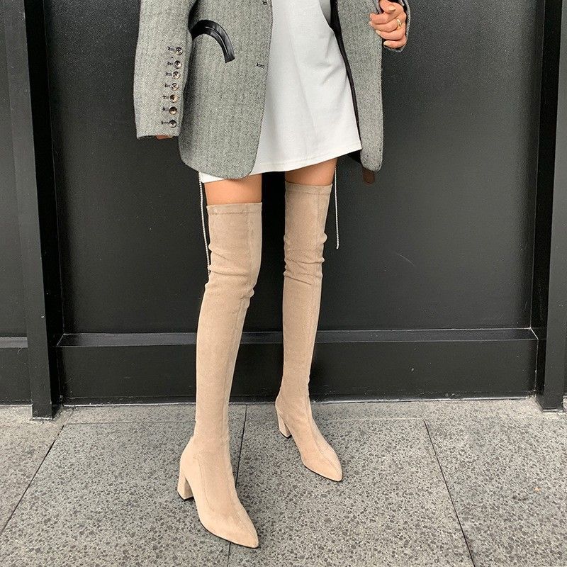 Big leg long chunky heel pointed wrap leg over knee boots with mid-heel elastic boots for women_voghion.com