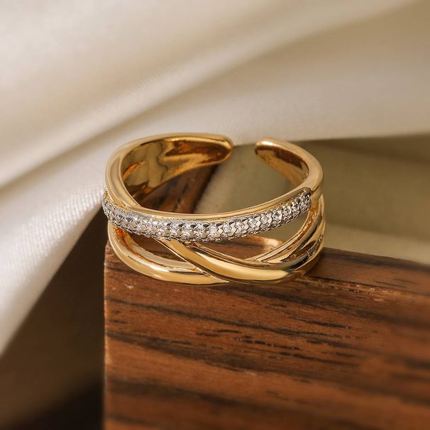 Designer enkel tvåfärgad guldpläterad zirkon geometrisk öppningsring kvinnlig Instagram nisch senior retroring_voghion.com