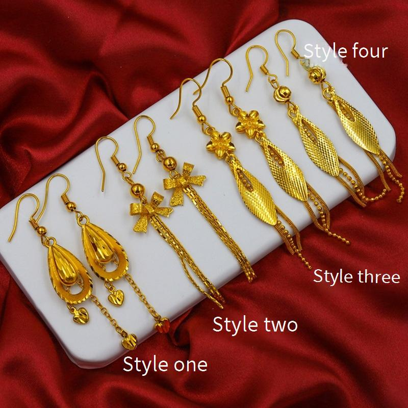 Orecchini lunghi con fiocco di fiori piccoli e nappa in ottone placcato oro da donna, moda giapponese e coreana_voghion.com