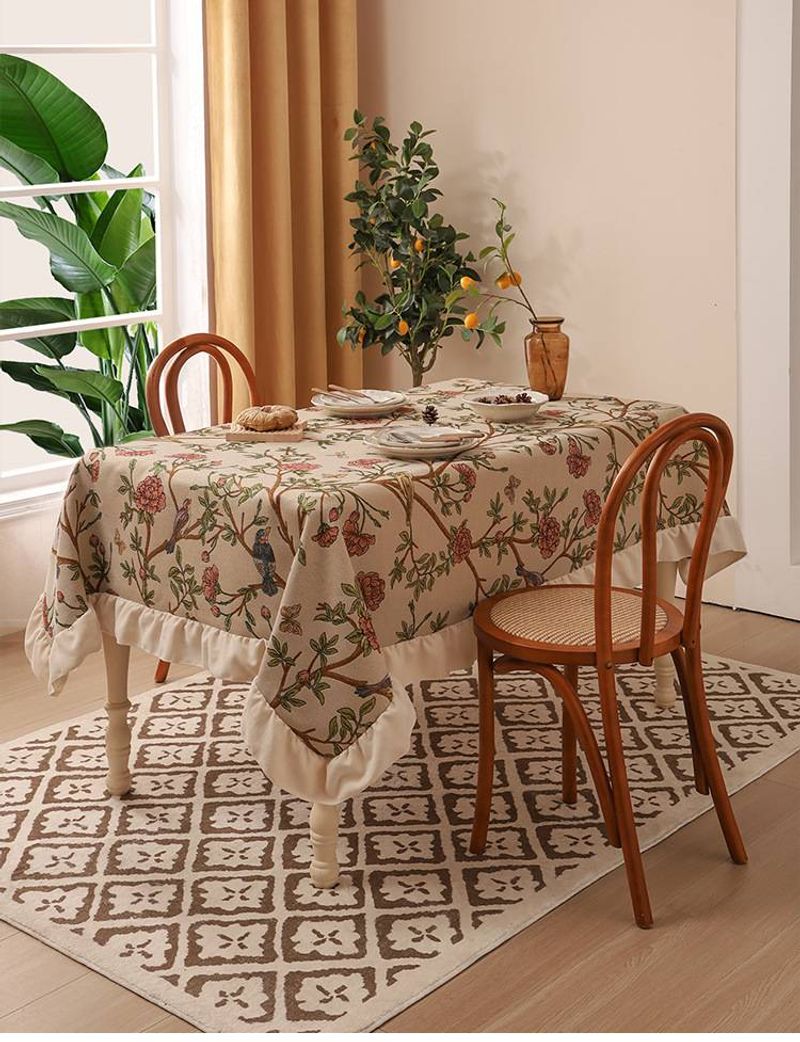 Vintage Floral Heavyweight Tablecloth: Waterproof, Oil-Proof, Non-Slip Poly-Cotton Fabric For Round/Square Tables (130x130 To 130x260cm)​_voghion.com