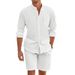Herren Sommer Leinen Button Up Hemd Langarm Shorts Strickjacke Casual Loose Beach Suit Männer_voghion.com