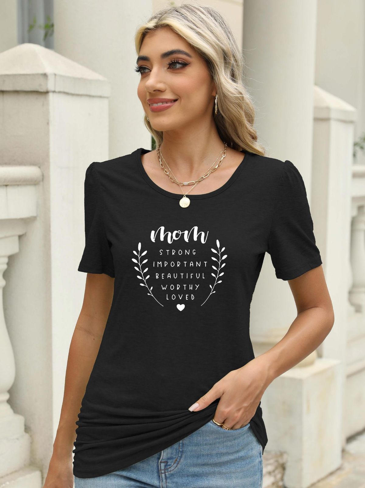 Damenbekleidung Fledermausärmel seitlich Rundhals Kurzarm Bedruckte T-Shirts_voghion.com