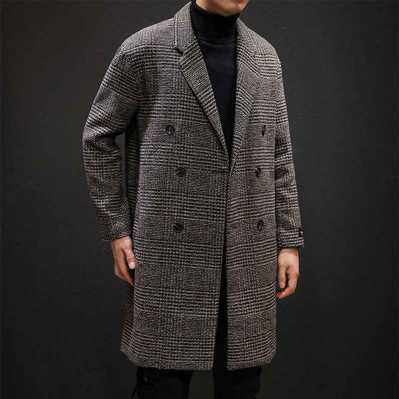 Herfst en winter trendy casual geruite trenchcoat van wol met middellange tot lange lengte, plus size herenjas_voghion.com